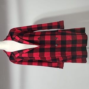 Allison Sheri M red black plaid coat jacket sweater.